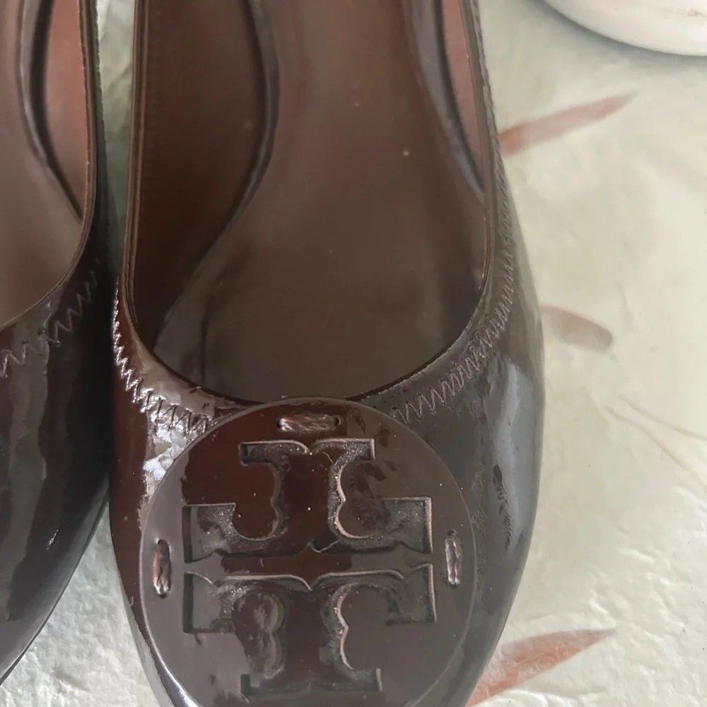 Tory Burch Dark Brown Patent Leather Logo Wedge Heels